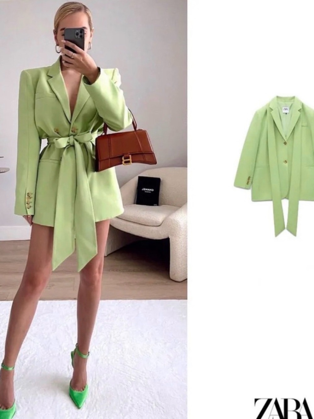 Zara Light Green Tie-Waist Blazer Jacket and pants set